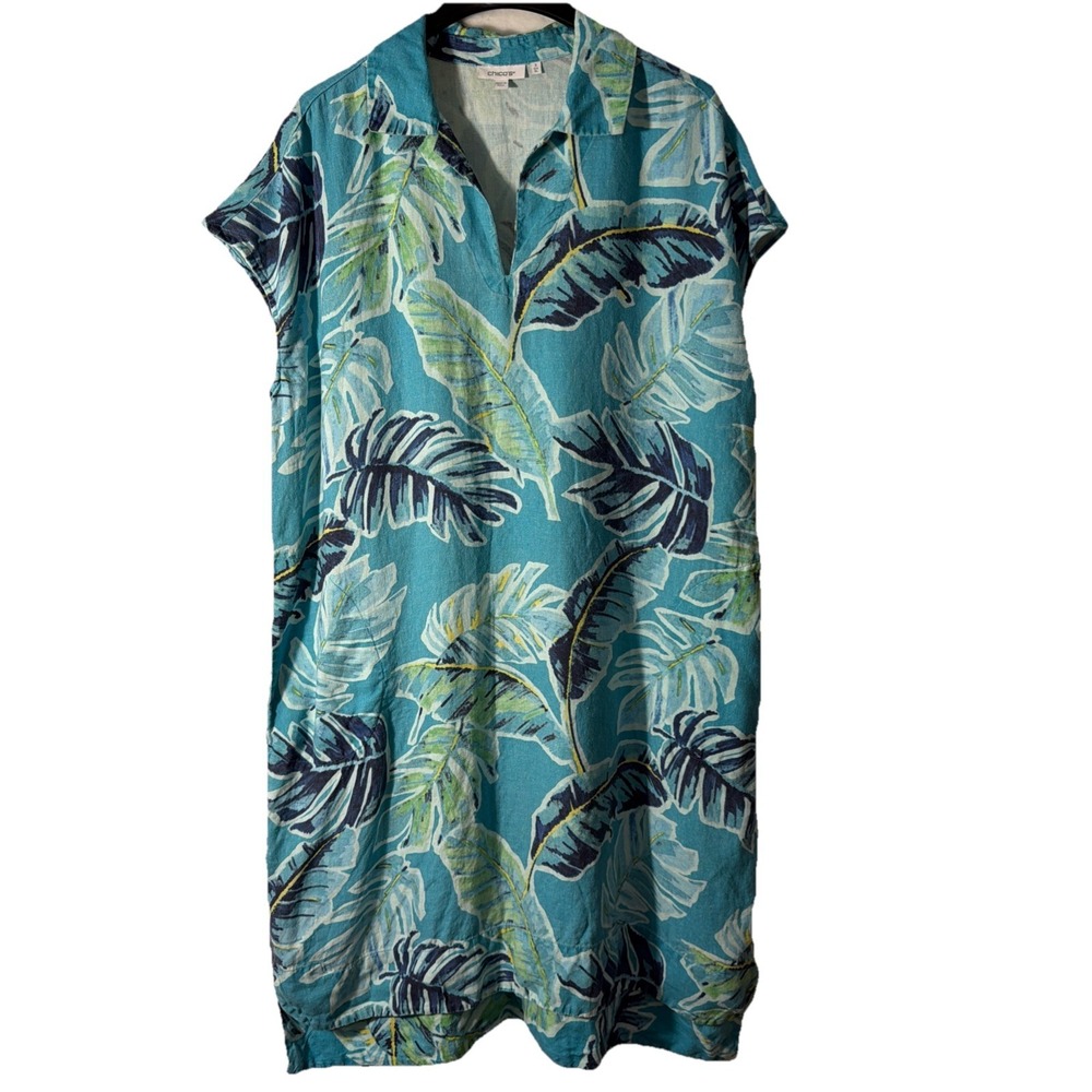 CHICO'S Floral Blue Linen Tunic Maxi Dress Size 3 US XL 16 / 18 Resortwear Beach